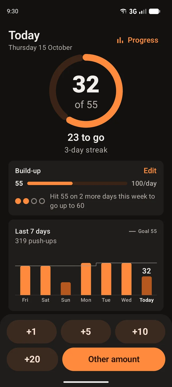 Home screen: 32 of 55 push-ups today in a progress ring, a build-up plan card, a 7-day bar chart and quick-add buttons for +1, +5, +10 and +20.
