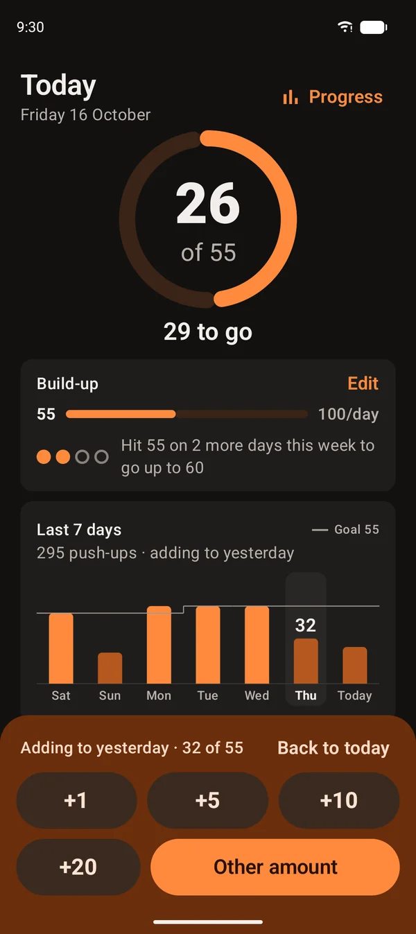 Home screen with yesterday selected in the 7-day chart; the add panel says Adding to yesterday, 32 of 55, with a Back to today button.
