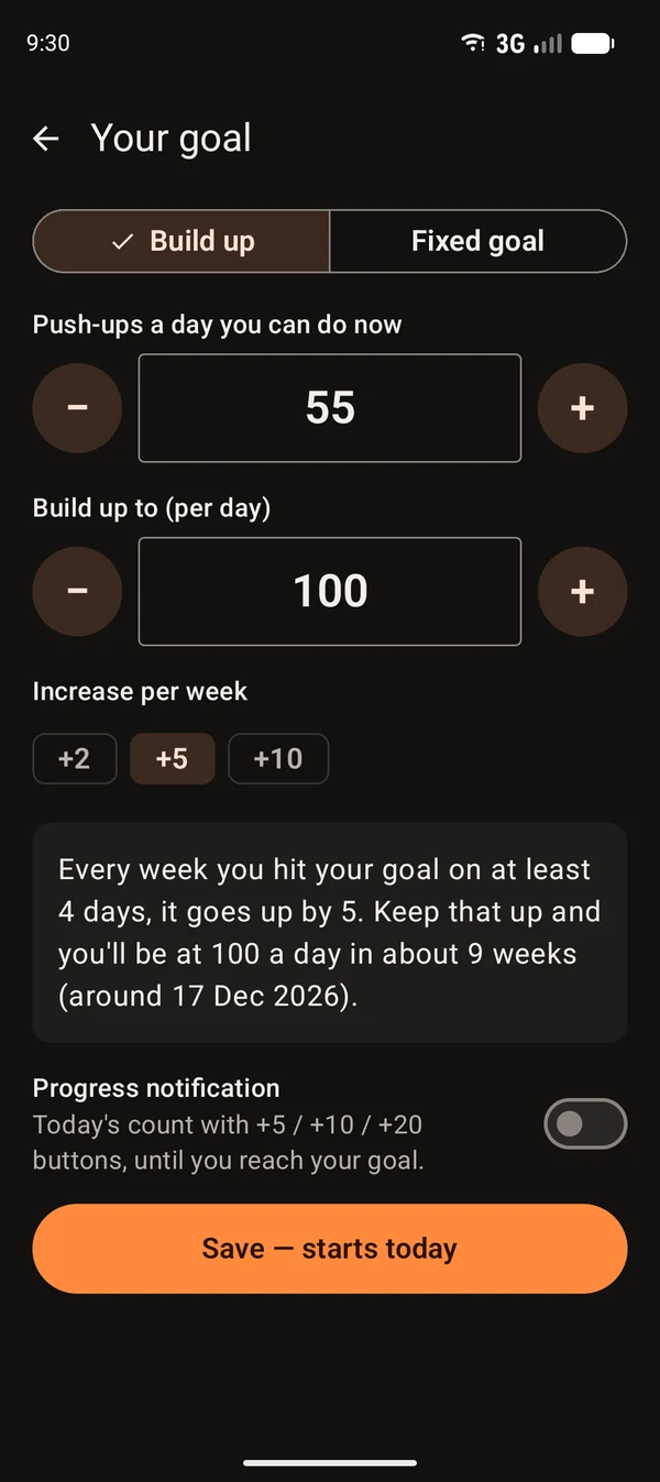 Goal plan screen: start at 55 a day, build up to 100, increasing by 5 a week, with an estimate of when the target is reached.
